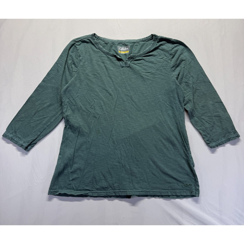 Cabela's Blouse Top Womens‎ Large Sage Green Split Neck Lace Trim 3/4 Sleeve